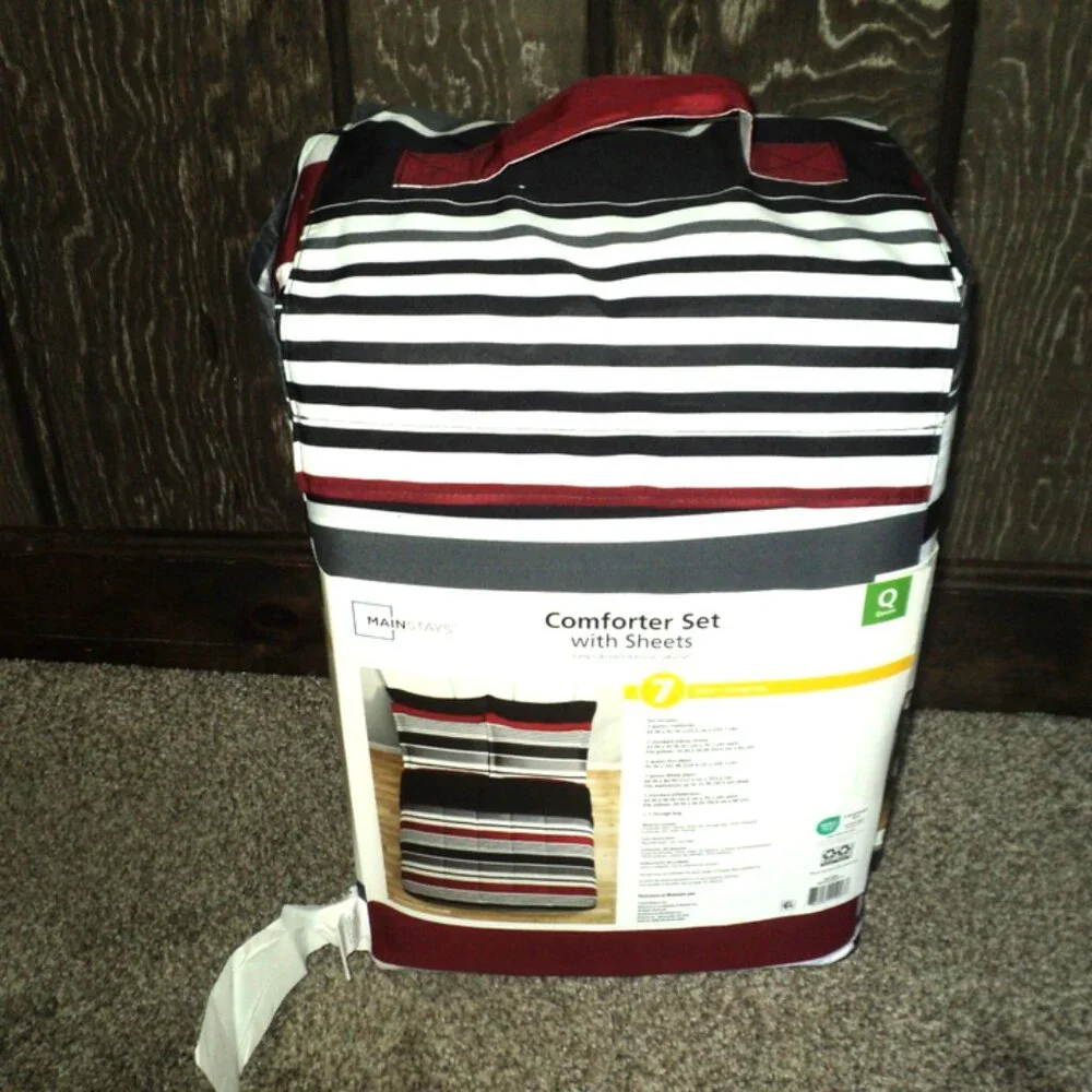 Mainstays Comforter Set w/ Sheets Queen 7 Pieces Red, Black, White Stripes NEW